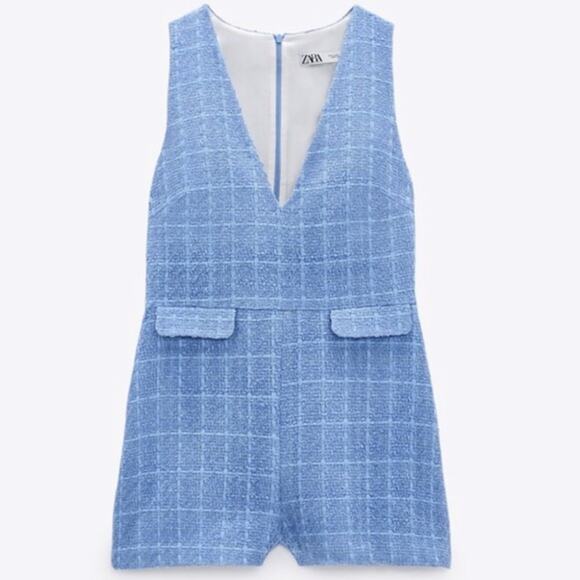 ZARA Deep V-Neck Tweed Romper in Sky Blue size XS – Blogger Favorite - Picture 2 of 10